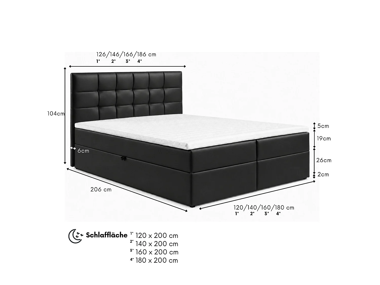 Boxspringbed LEO-160x200cm met opbergbakken|Bonellmatras|Topper|Tweepersoonsbed|Gestoffeerd bed|Kunstleer-Zwart
