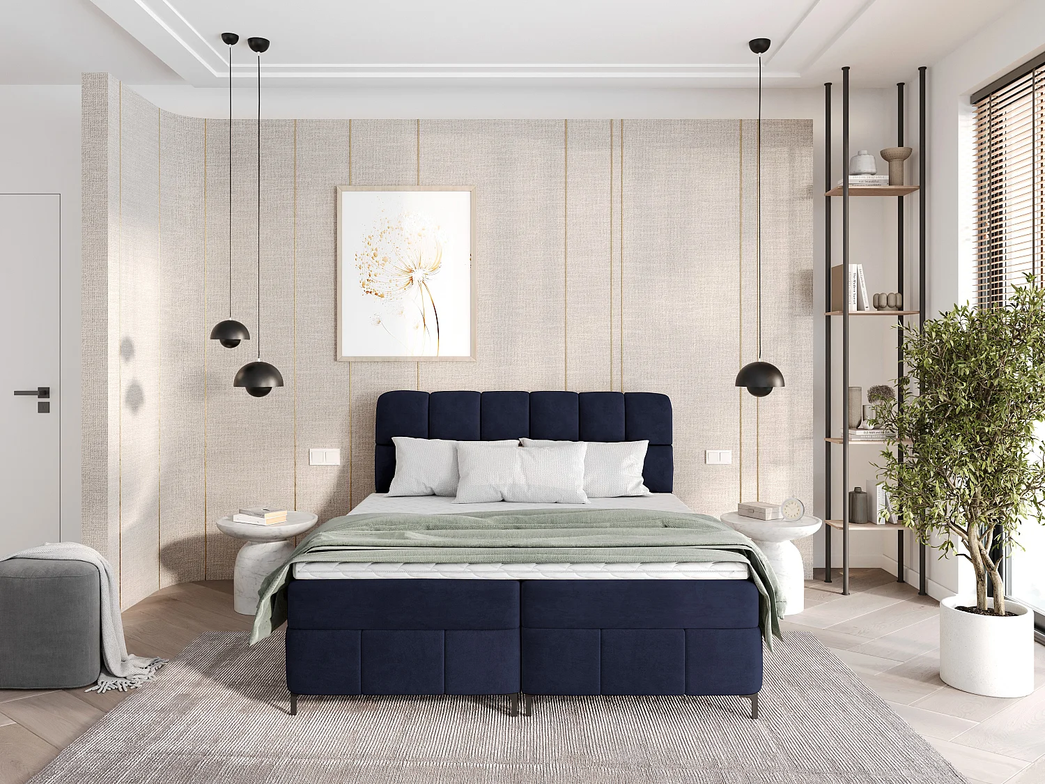 Boxspringbed CINDY 160x200 met opbergbakken en topper |Tweepersoonsbed|Bonellmatras|Gestoffeerd bed|Bedframe|Slaapkamer- Donkerblauw