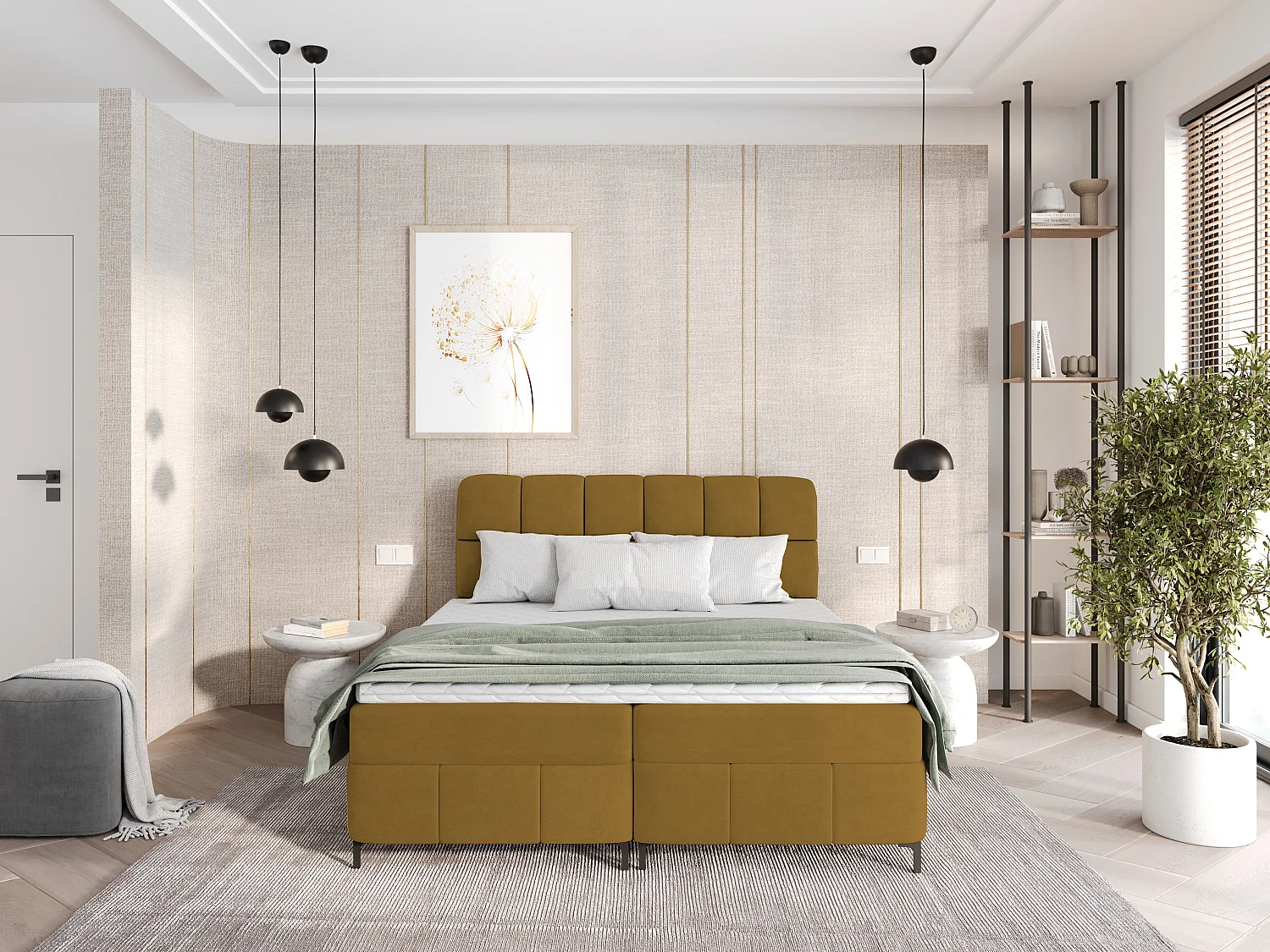 Boxspringbed CINDY 160x200 met opbergbakken en topper |Tweepersoonsbed|Bonellmatras|Gestoffeerd bed|Bedframe|Slaapkamer- Geel