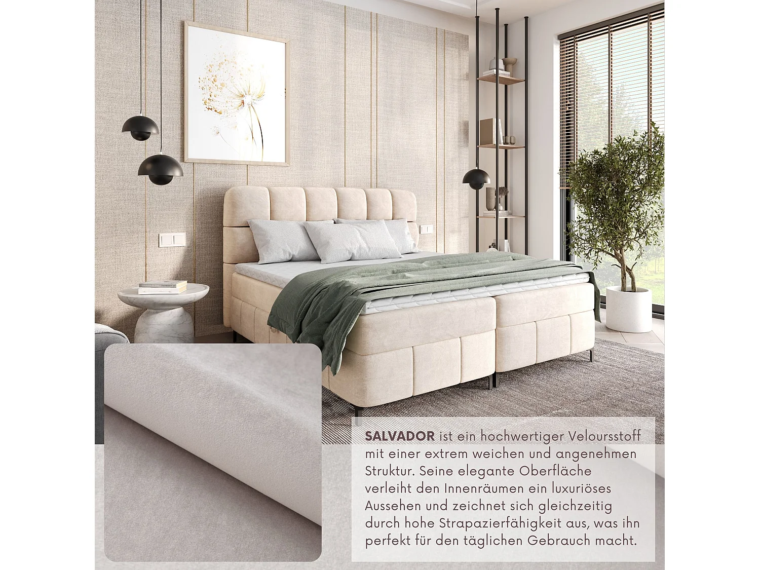 Boxspringbed CINDY 200x200 met opbergbakken en topper |Tweepersoonsbed|Bonellmatras|Gestoffeerd bed|Bedframe|Slaapkamer- Beige