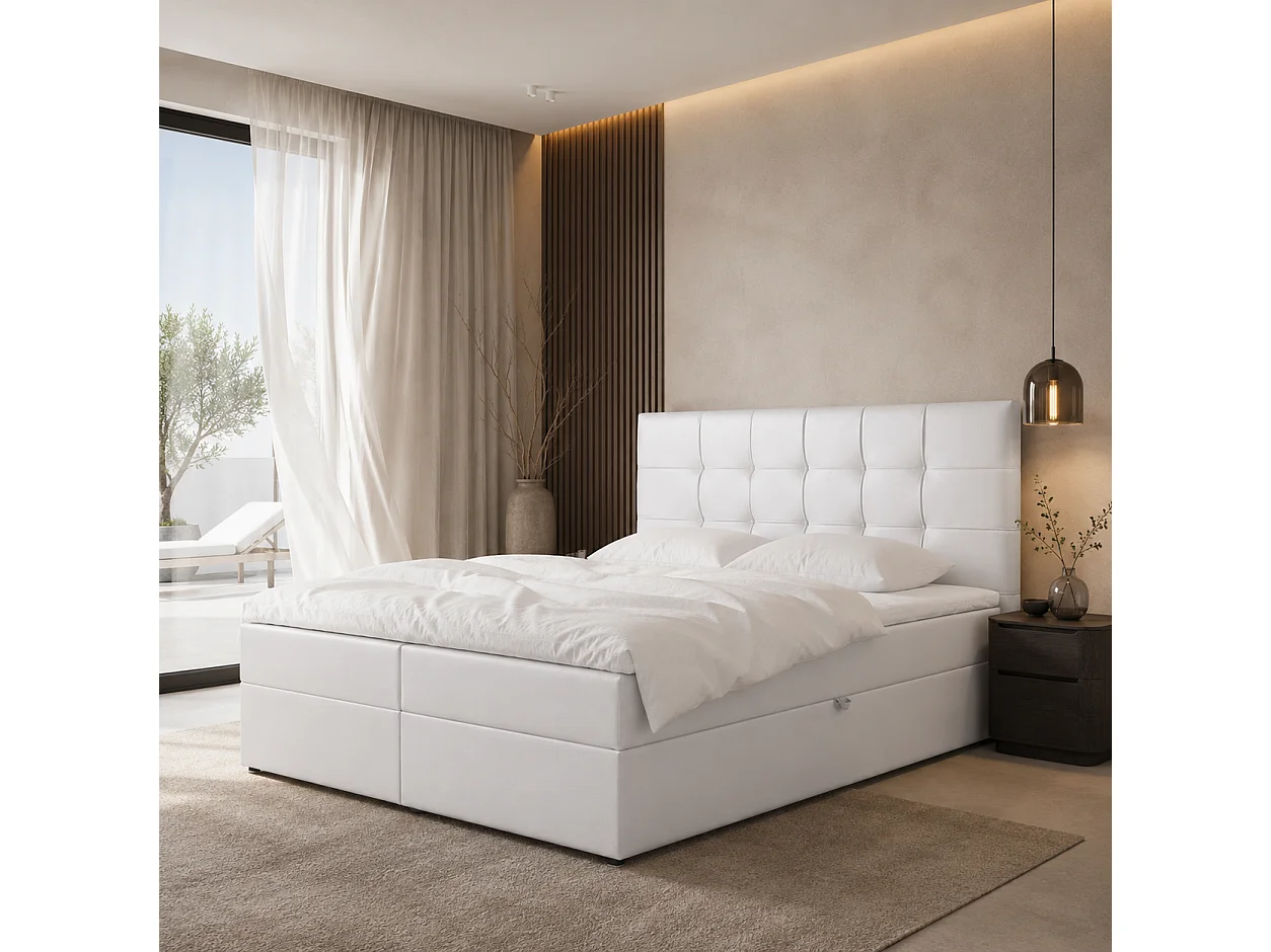 Boxspringbed LEO-160x200cm met opbergbakken|Bonellmatras|Topper|Tweepersoonsbed|Gestoffeerd bed|Kunstleer-Wit