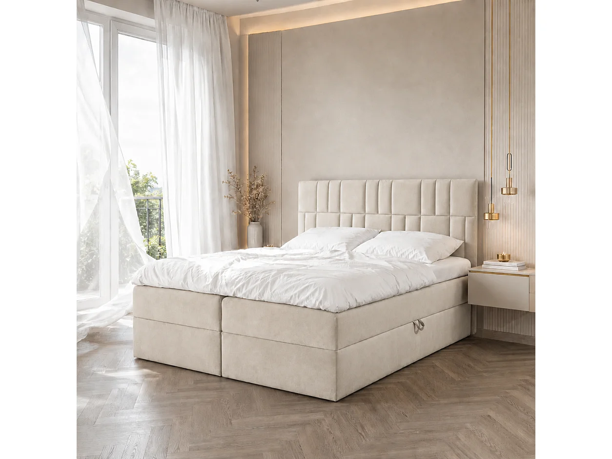 Boxspringbed TEO1 140x200 met opbergbakken|Topper|Tweepersoonsbed|Bonellmatras|Gestoffeerd bed|Bed|Slaapkamer-Beige