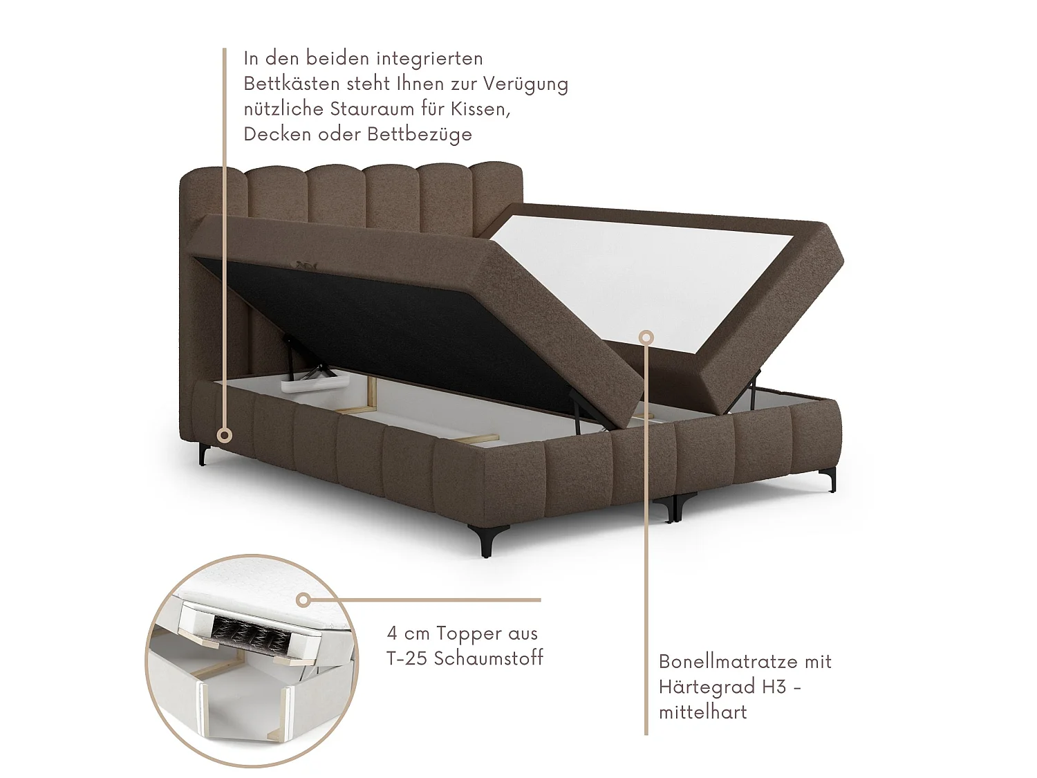 FURNISTAR Boxspringbed TINA 180x200 met matras en opbergruimte-Tweepersoonsbed,familiebed met topper,Bubble-bed,gestoffeerd bed- Bruin
