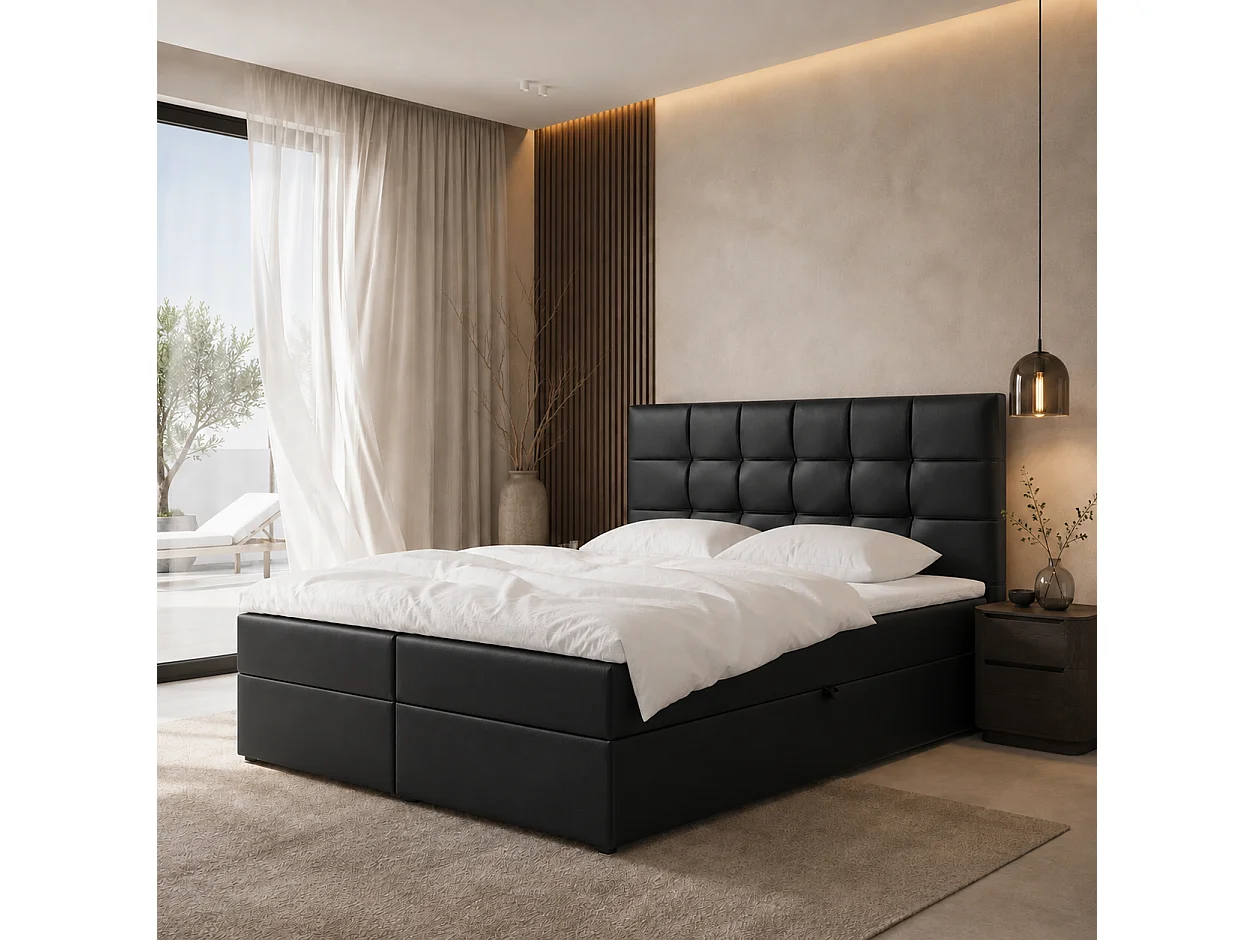 Boxspringbed LEO-120x200cm met opbergbakken|Bonellmatras|Topper|Tweepersoonsbed|Gestoffeerd bed|Kunstleer-Zwart