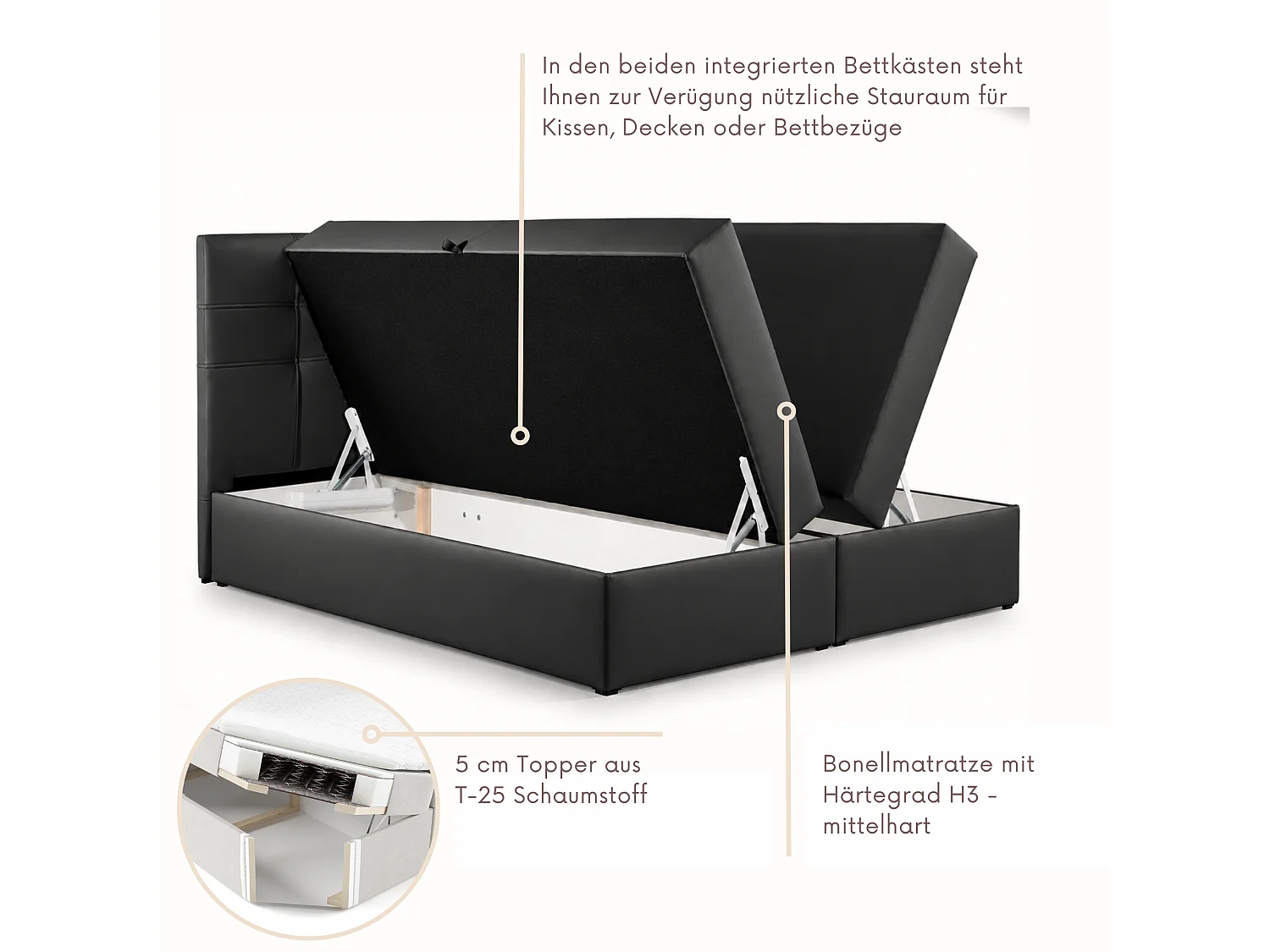 Boxspringbed LEO-120x200cm met opbergbakken|Bonellmatras|Topper|Tweepersoonsbed|Gestoffeerd bed|Kunstleer-Zwart