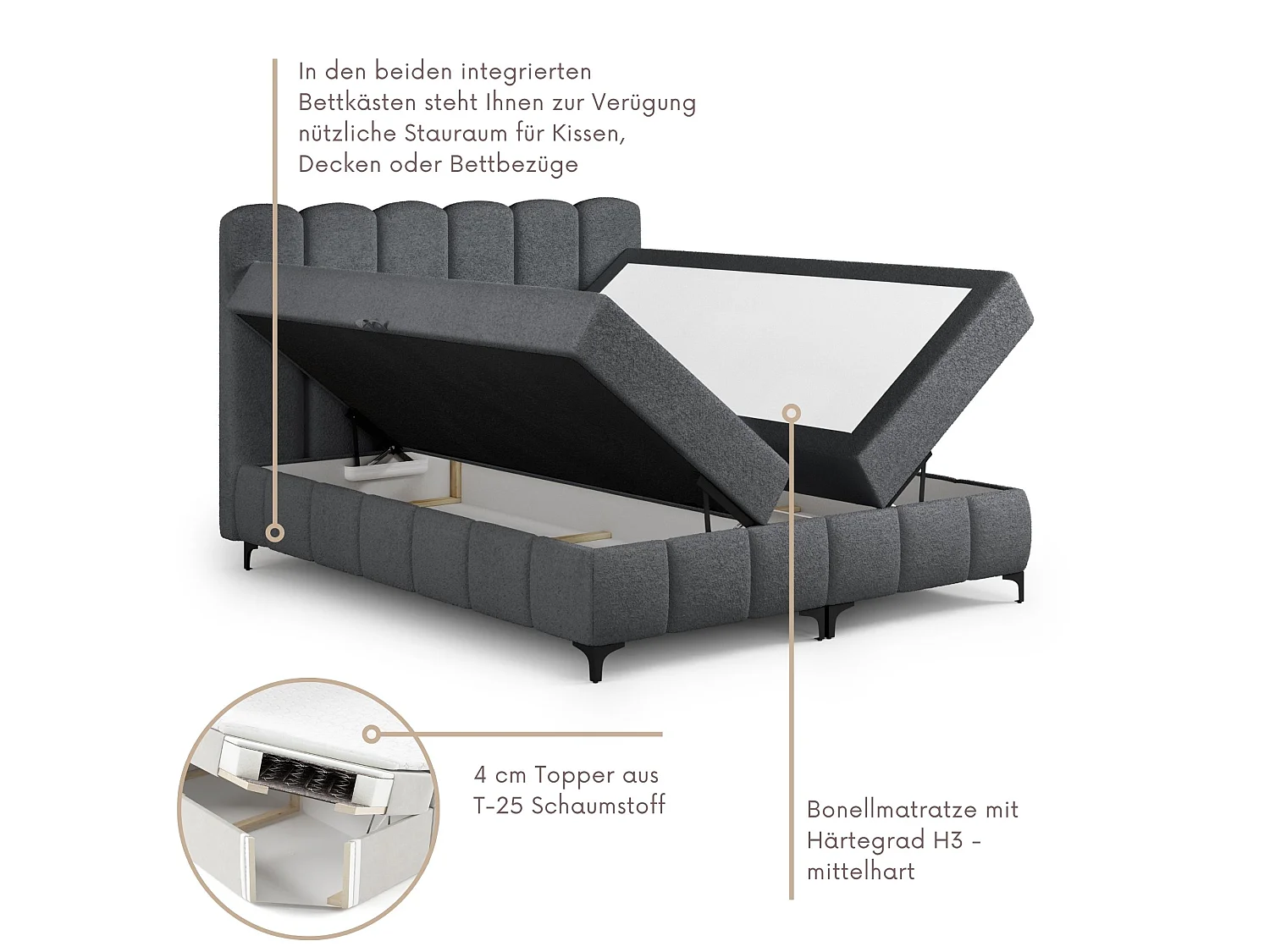 FURNISTAR Boxspringbed TINA 160x200 met matras en opbergruimte-Tweepersoonsbed,familiebed met topper,Bubble-bed,gestoffeerd bed- Donkergrijs