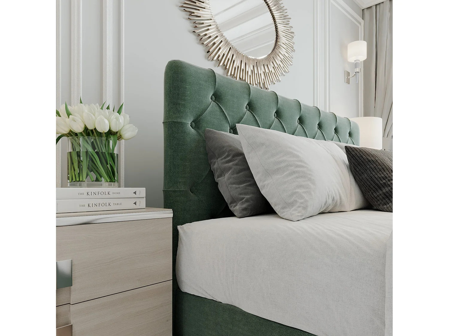 Boxspringbed GracePLUS-160x200cm met opbergbakken|Topper|Tweepersoonsbed|Gestoffeerd|Glamour|Vintage|met zilverkleurige poten 12 cm-Groen