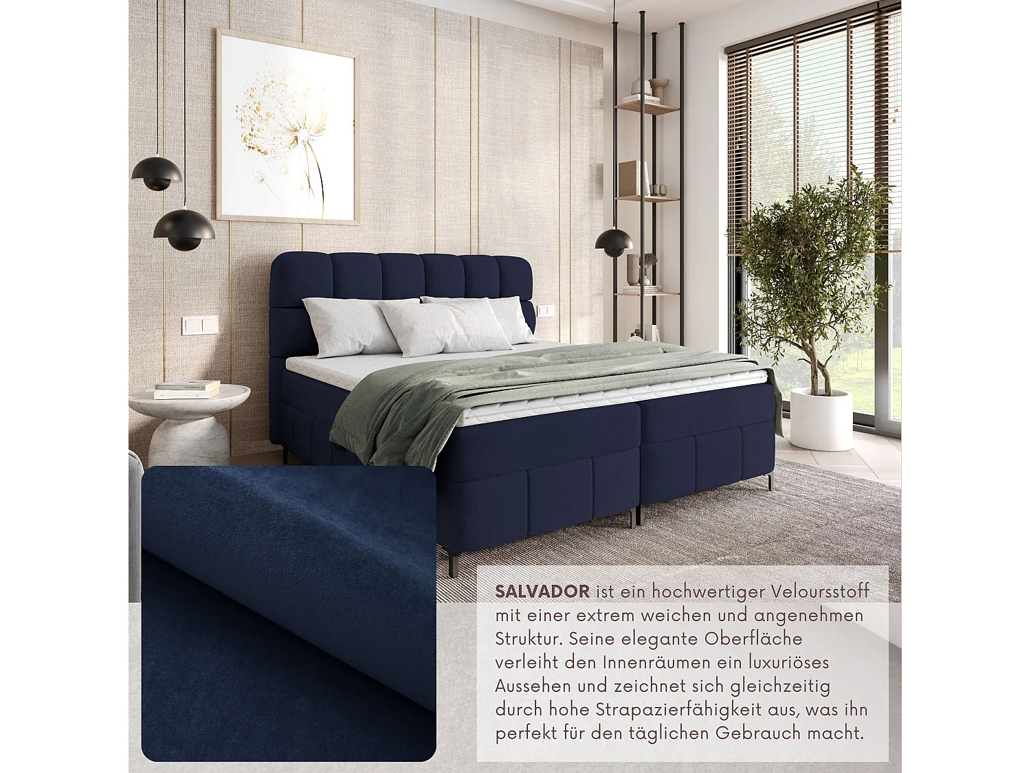 Boxspringbed CINDY 200x200 met opbergbakken en topper |Tweepersoonsbed|Bonellmatras|Gestoffeerd bed|Bedframe|Slaapkamer- Donkerblauw