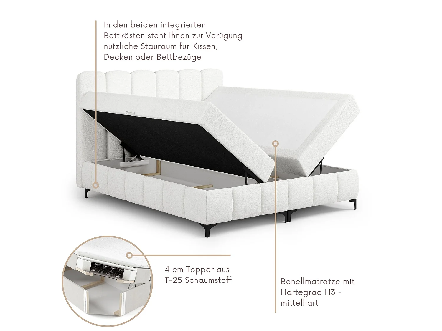 FURNISTAR Boxspringbed TINA 180x200 met matras en opbergruimte-Tweepersoonsbed,familiebed met topper,Bubble-bed,gestoffeerd bed- Wit