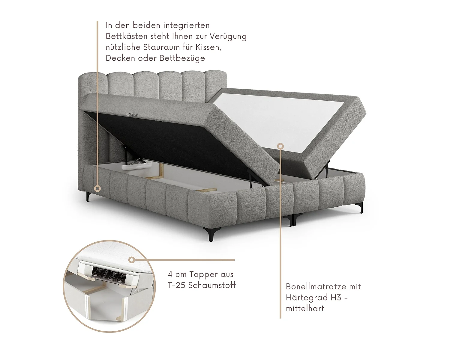 FURNISTAR Boxspringbed TINA 160x200 met matras en opbergruimte-Tweepersoonsbed,familiebed met topper,Bubble-bed,gestoffeerd bed- Grijs