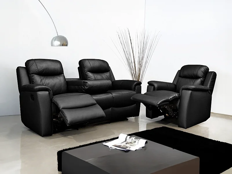 Sofá 3 plazas relax EVASION de piel - Negro - Mesa auxiliar
