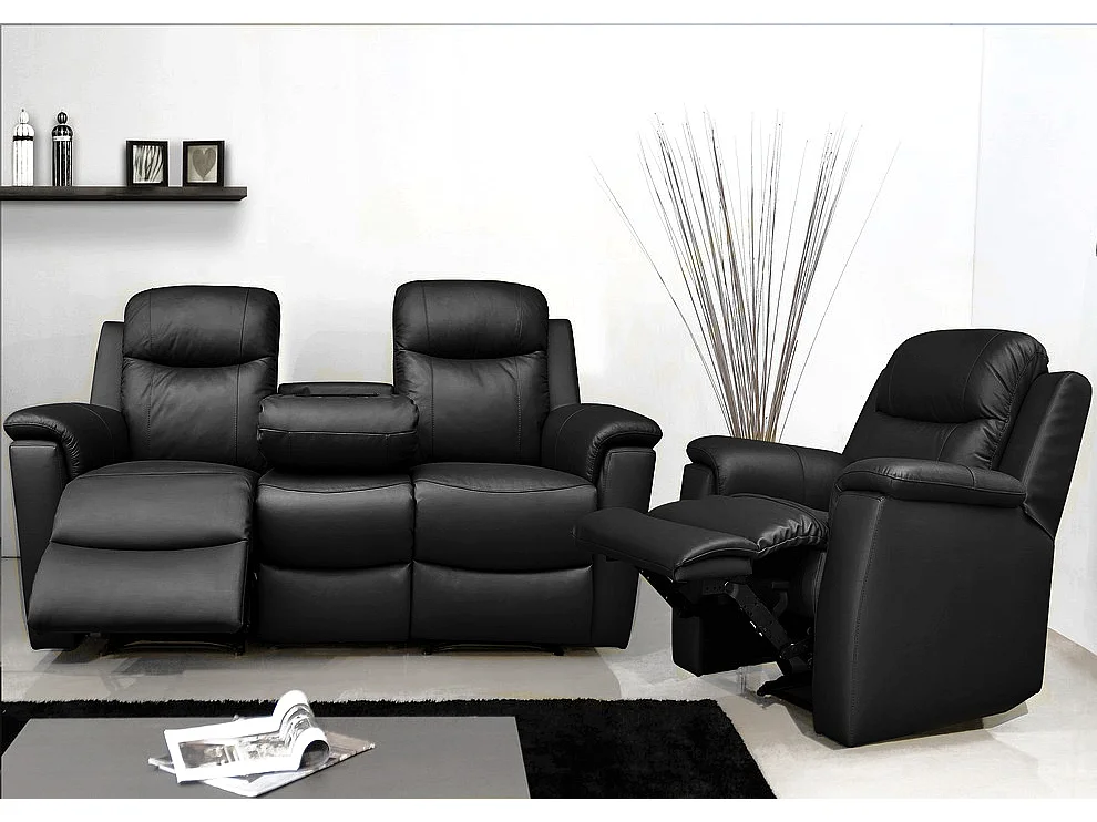 Sofá Relax 3+1 plazas EVASION de piel - Negro - Mesa auxiliar