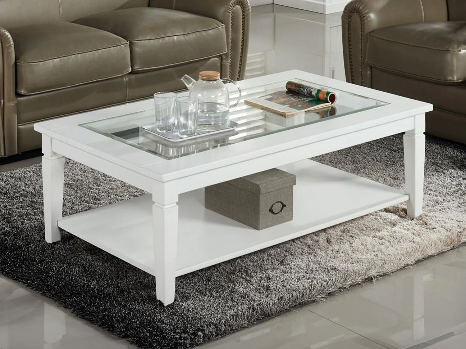 Table basse GUERANDE - Plateau en verre trempé - Pin blanc