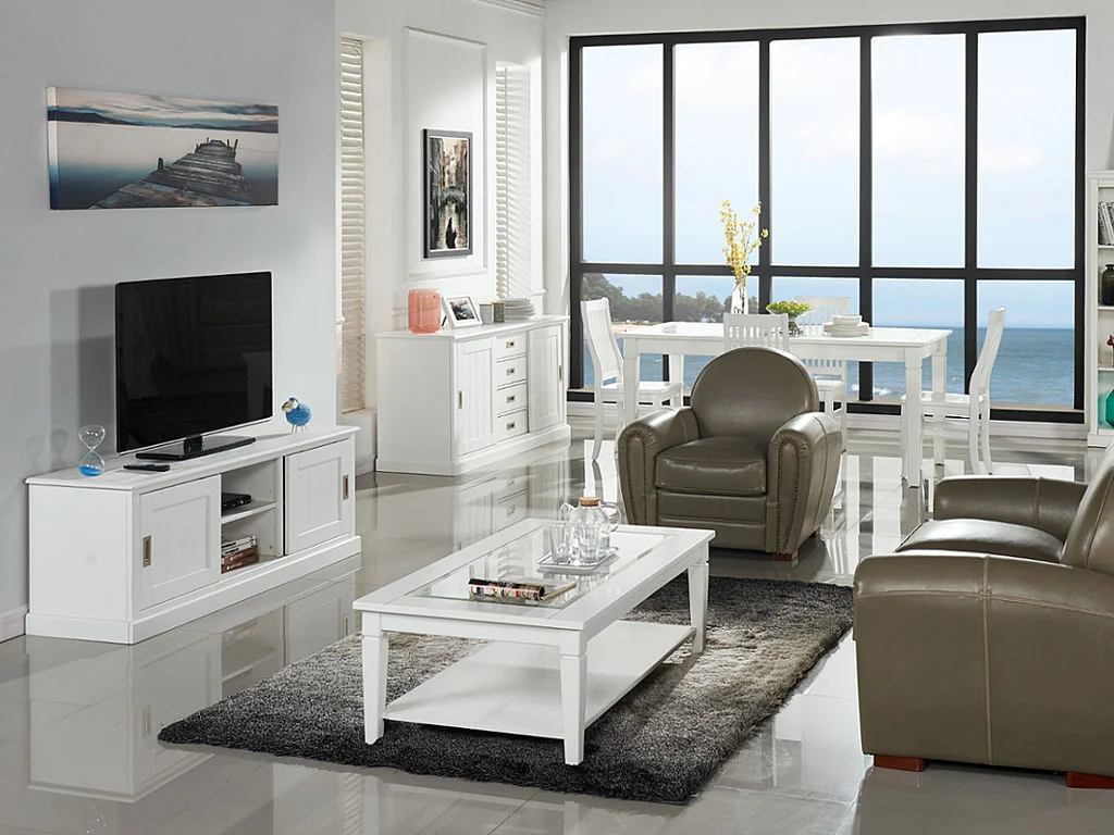 Table basse GUERANDE - Plateau en verre trempé - Pin blanc