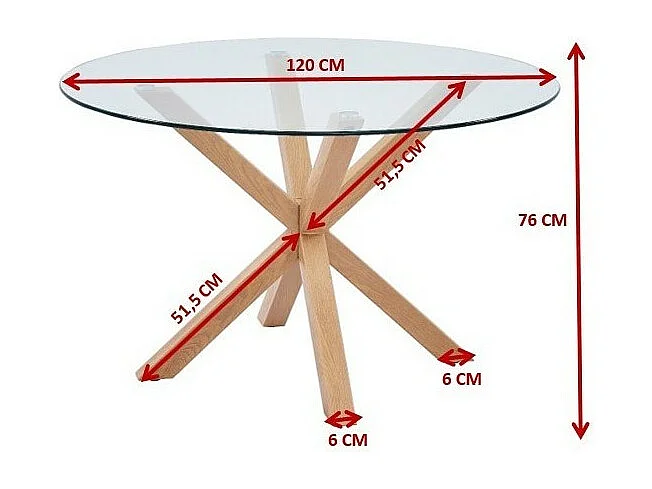 Table à manger ALEX – Ronde 120 cm – Plateau en verre trempé et pieds métal effet bois – Style moderne