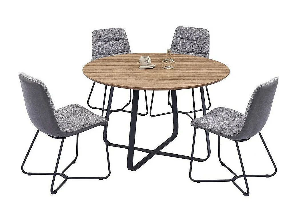 Table à manger NOVES – Ronde diamètre 120 cm – Effet bois et pieds noirs – Style moderne