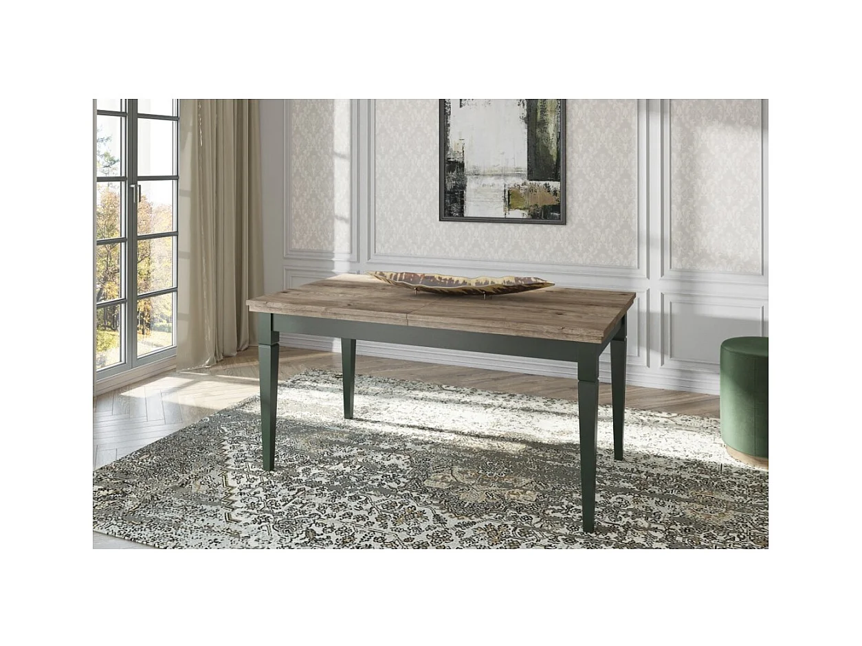 Table extensible jusqu'à 240cm pour salle à manger Collection ASSIA. Coloris vert et chêne