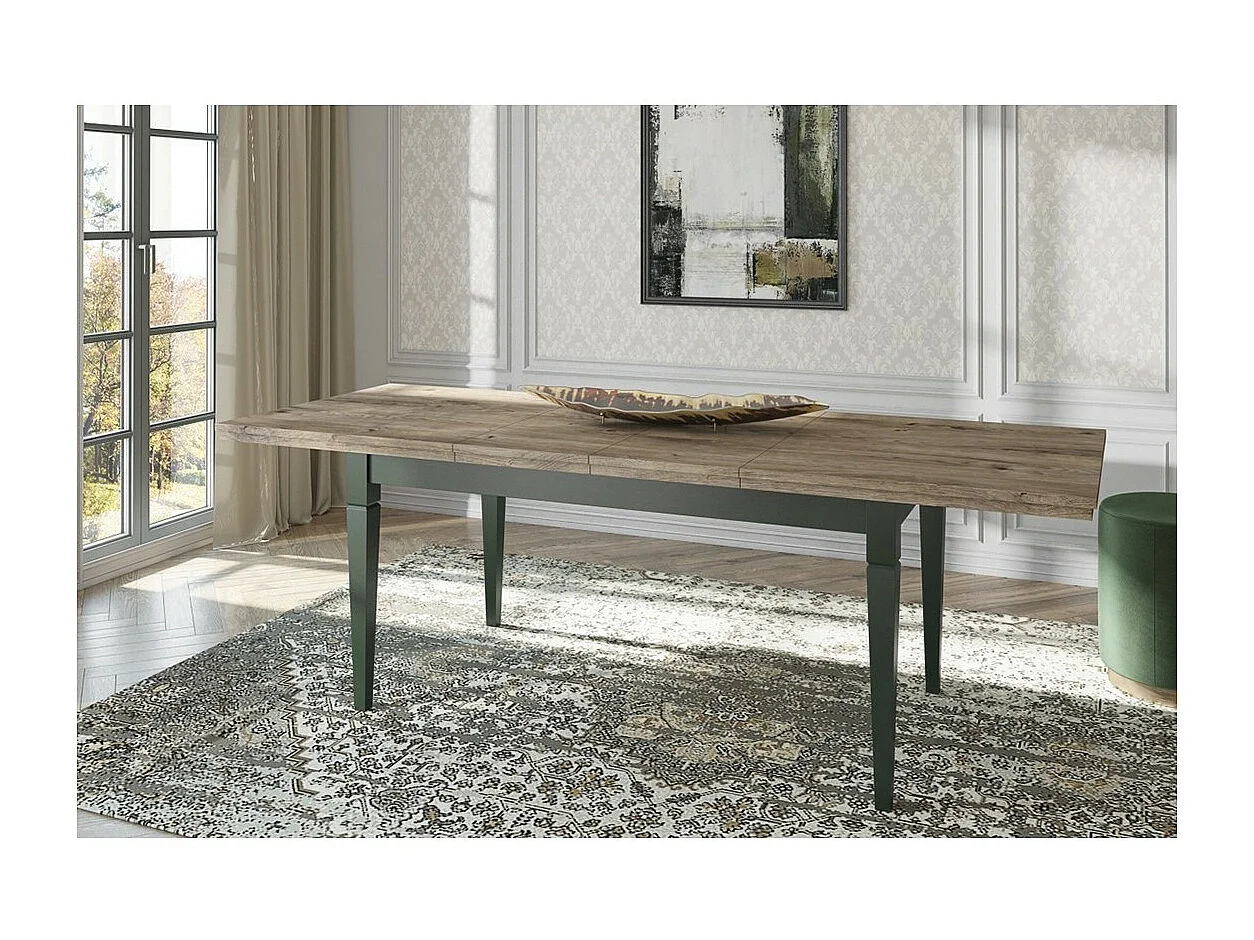 Table extensible jusqu'à 240cm pour salle à manger Collection ASSIA. Coloris vert et chêne
