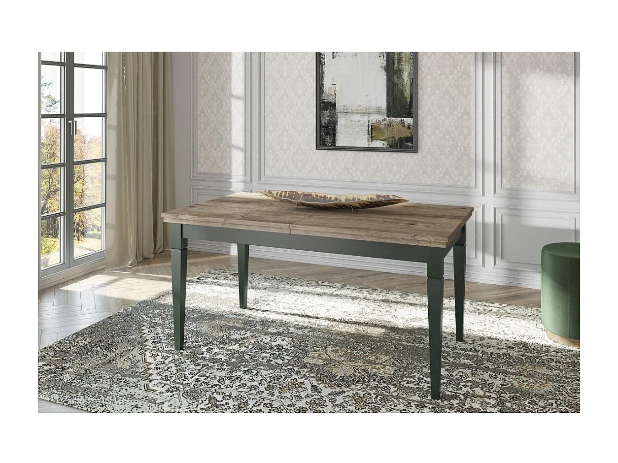 Table extensible jusqu'à 240cm pour salle à manger Collection ASSIA. Coloris vert et chêne
