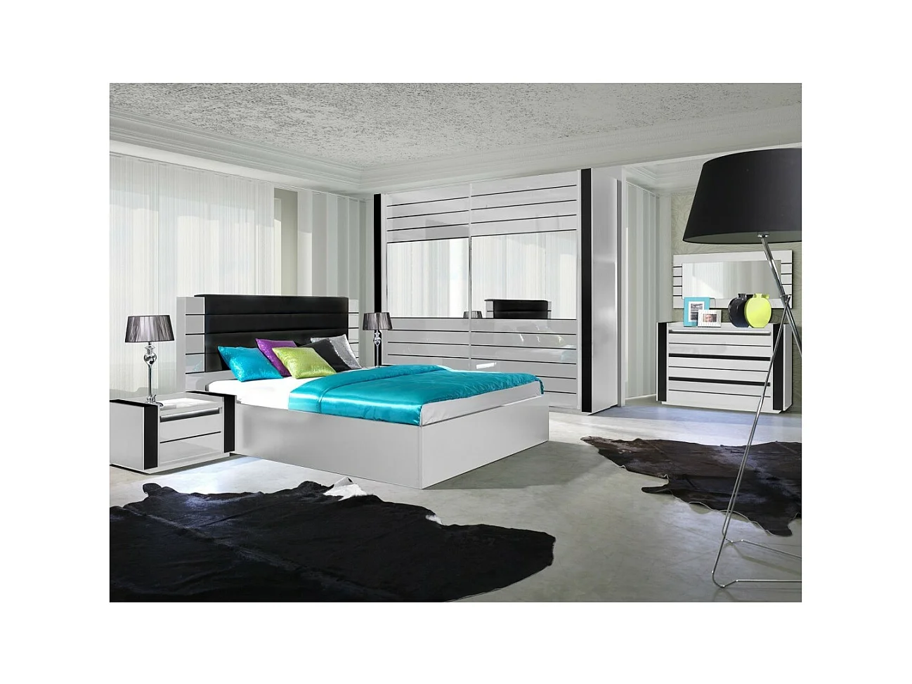 Cômoda LINA + LED branca e preta brilhante design. Cômoda para quarto de dormir.