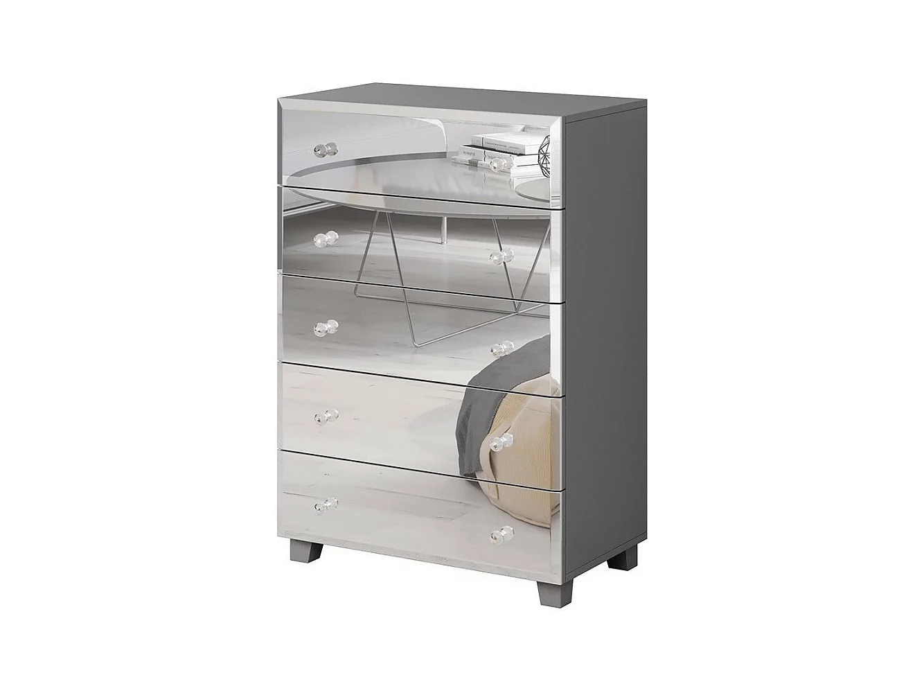 Commode 5 tiroirs avec corps gris et façades recouvertes de miroirs collection LIVORA.