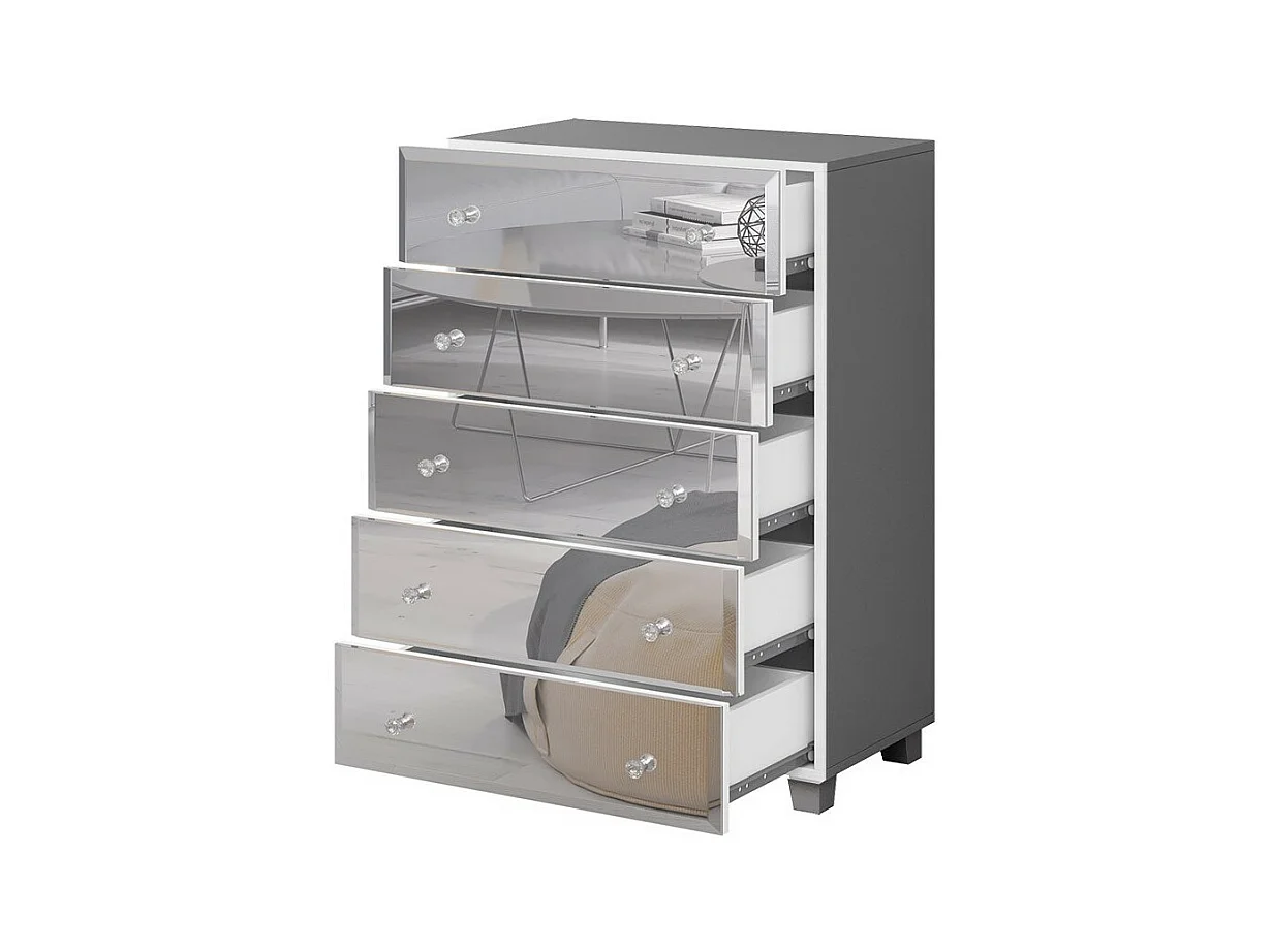 Commode 5 tiroirs avec corps gris et façades recouvertes de miroirs collection LIVORA.