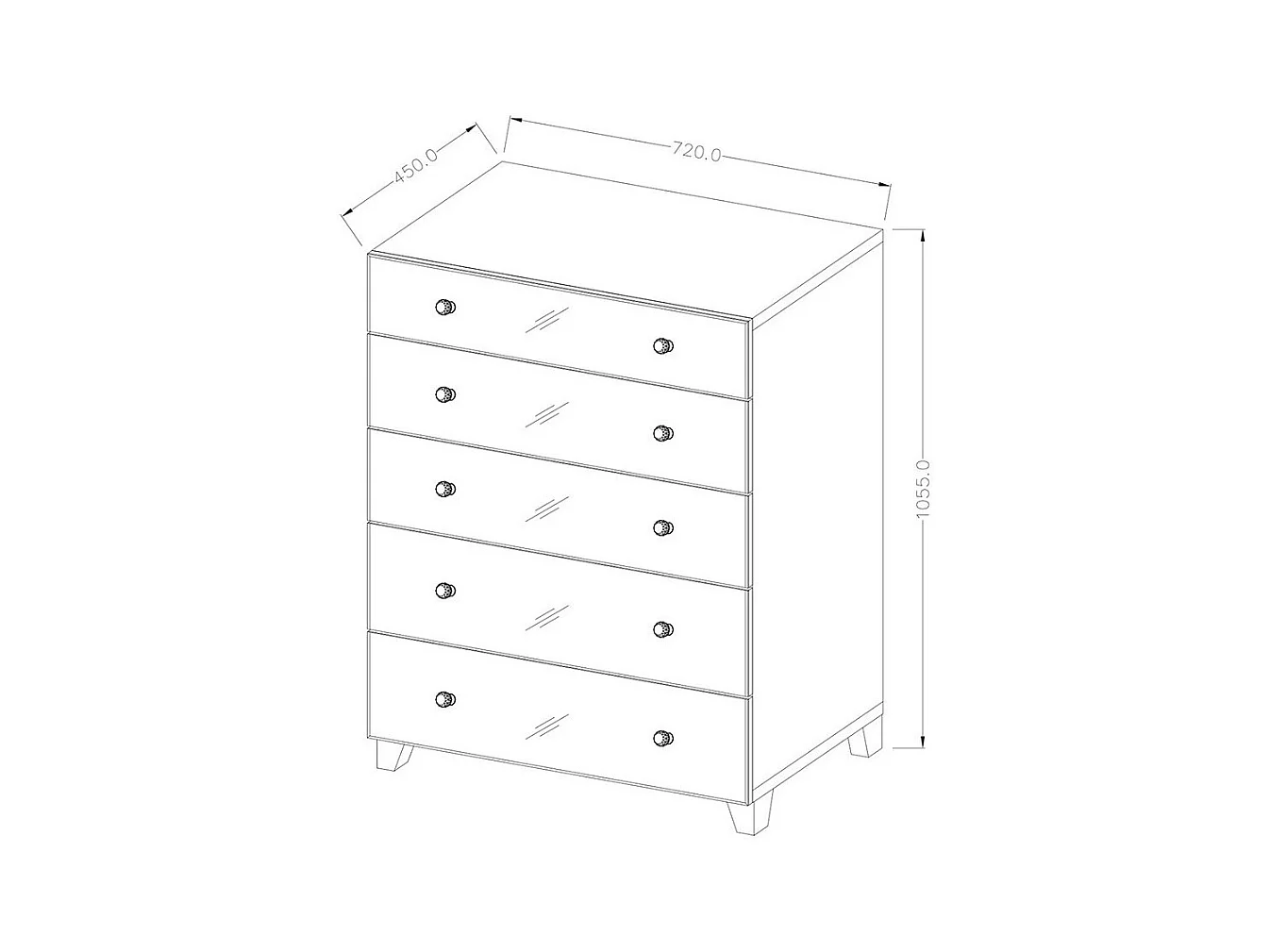 Commode 5 tiroirs avec corps gris et façades recouvertes de miroirs collection LIVORA.