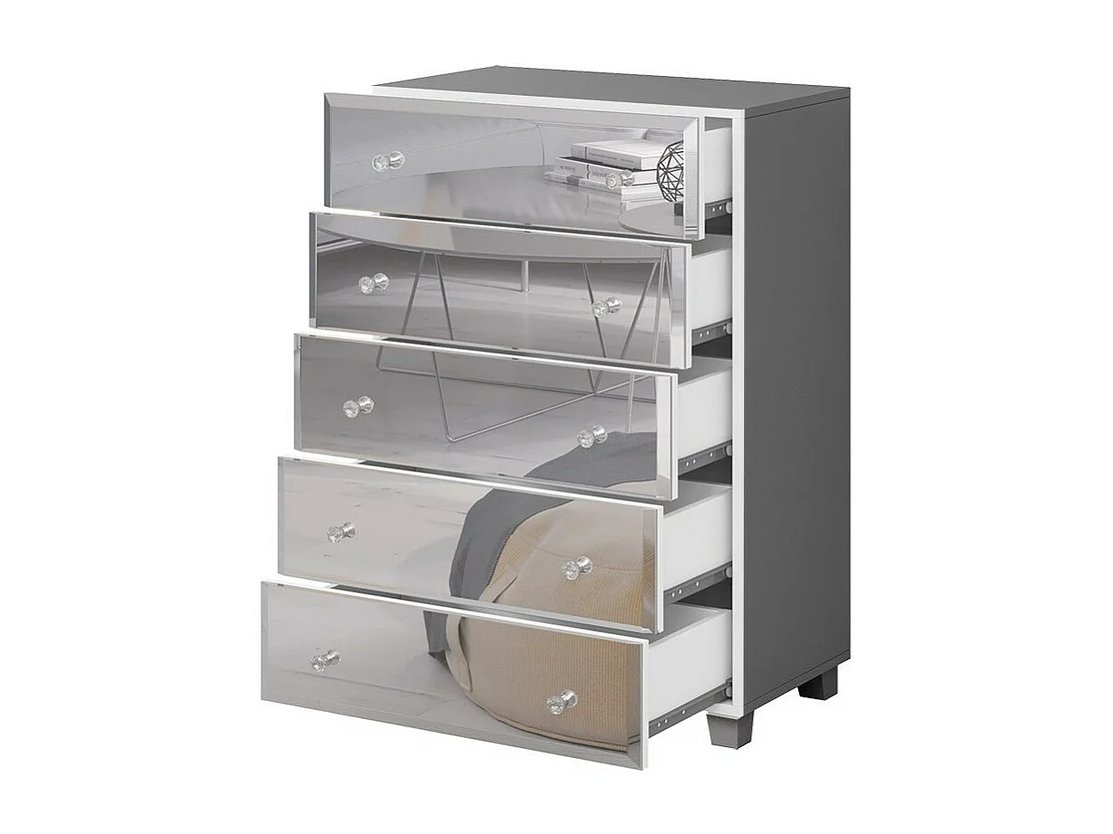 Commode 5 tiroirs avec corps gris et façades recouvertes de miroirs collection LIVORA.