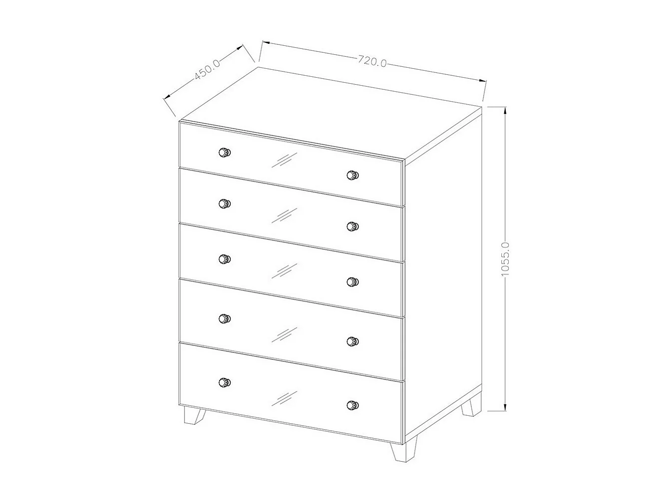 Commode 5 tiroirs avec corps gris et façades recouvertes de miroirs collection LIVORA.