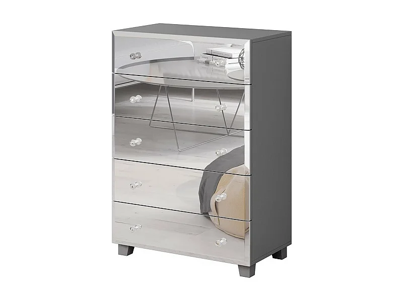 Commode 5 tiroirs avec corps gris et façades recouvertes de miroirs collection LIVORA.