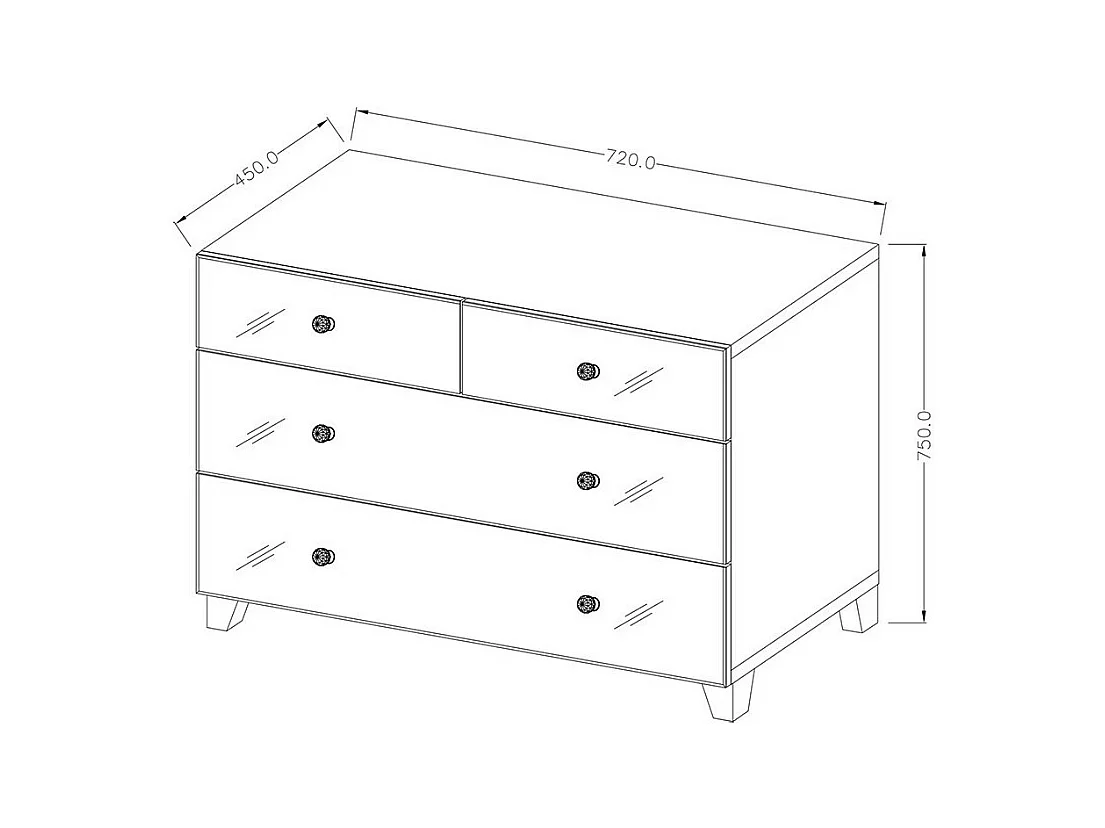 Kommode mit 4 Schubladen, weißer Korpus und mit Spiegeln verkleidete Fronten aus der Kollektion LIVORA.