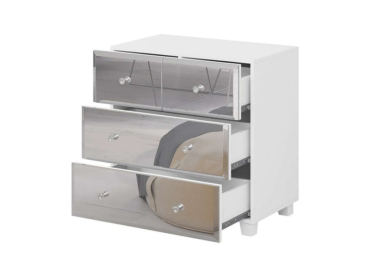 Kommode mit 4 Schubladen, weißer Korpus und mit Spiegeln verkleidete Fronten aus der Kollektion LIVORA.
