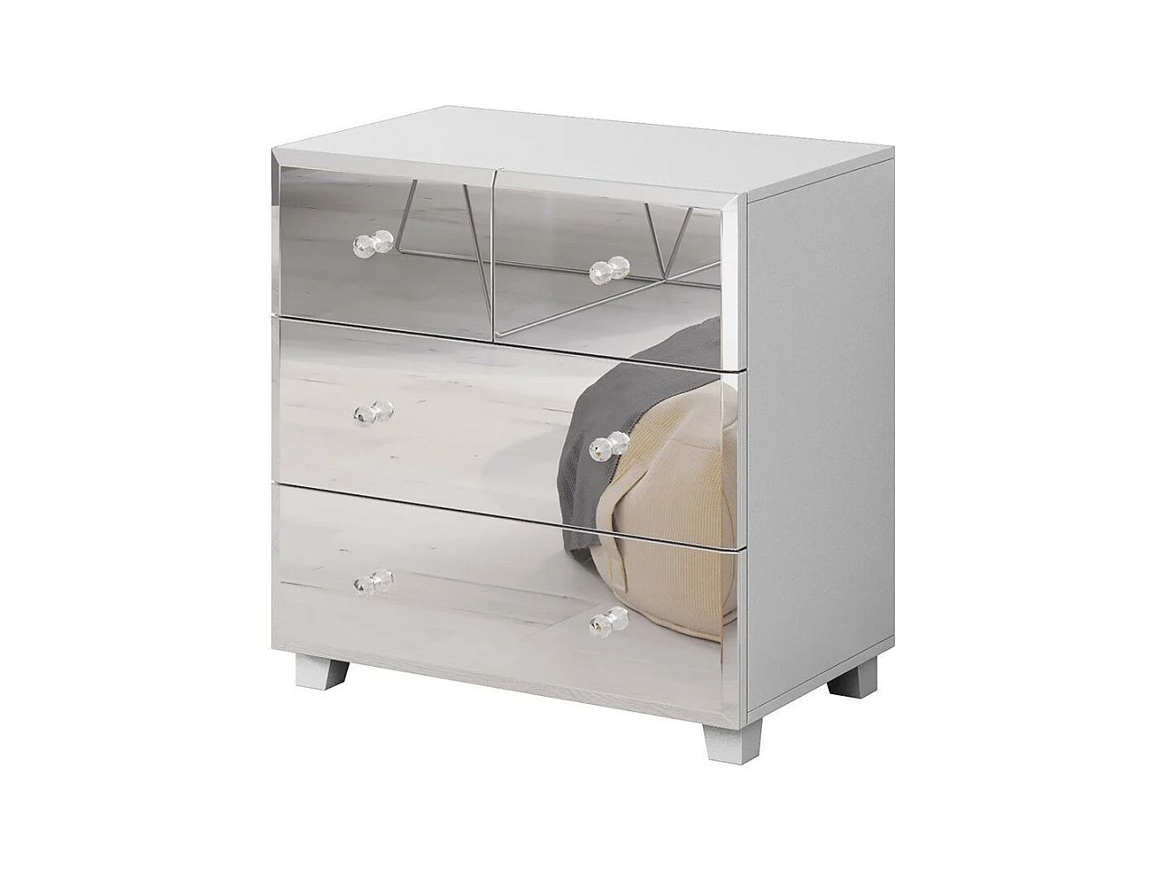Commode 4 tiroirs corps blanc et façades recouvertes de miroirs collection LIVORA.