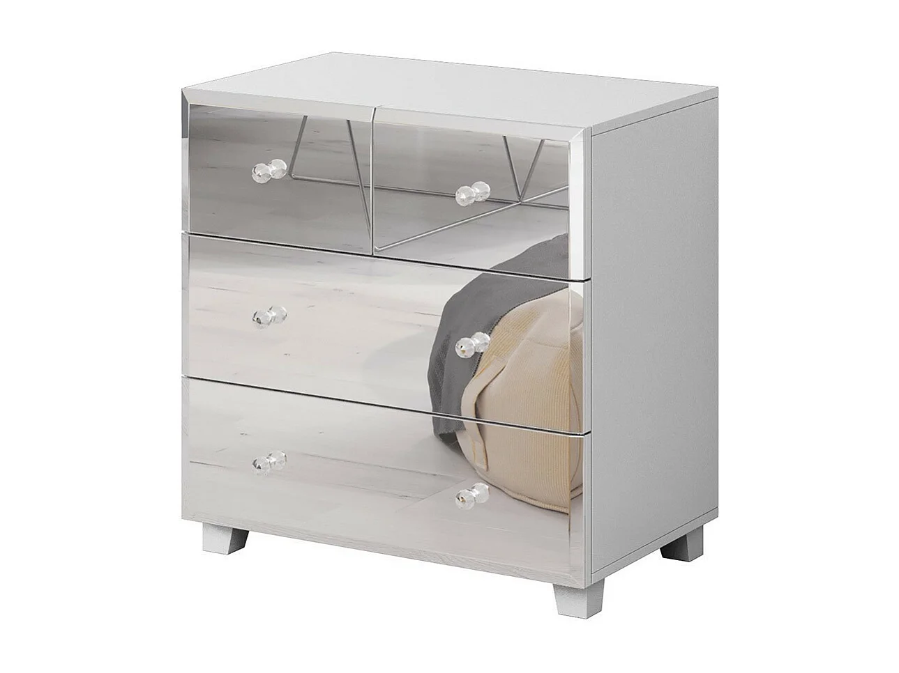 Kast met 4 lades, wit frame en fronten bedekt met spiegels, collectie LIVORA.