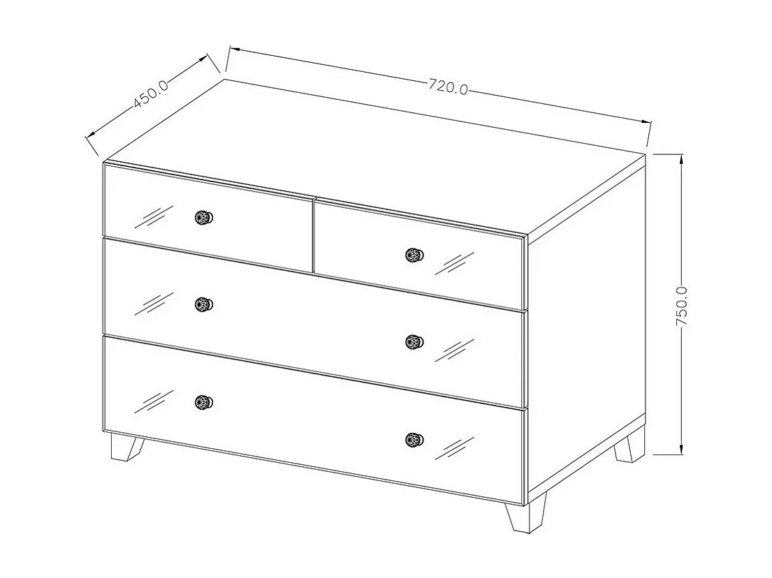 Kast met 4 lades, wit frame en fronten bedekt met spiegels, collectie LIVORA.