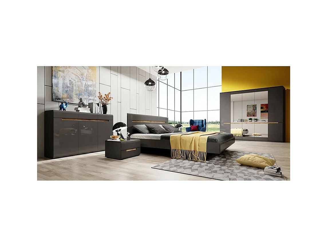 Commode design LUCIA, 3 portes et 3 tiroirs. Coloris gris brillant et chêne