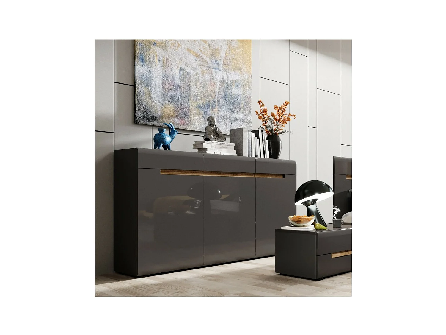 Commode design LUCIA, 3 portes et 3 tiroirs. Coloris gris brillant et chêne