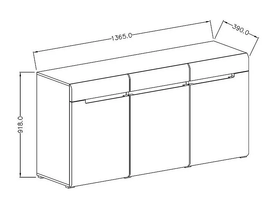 Design dressoir LUCIA, 3 deuren en 3 laden. Kleur in glanzend grijs en eiken.