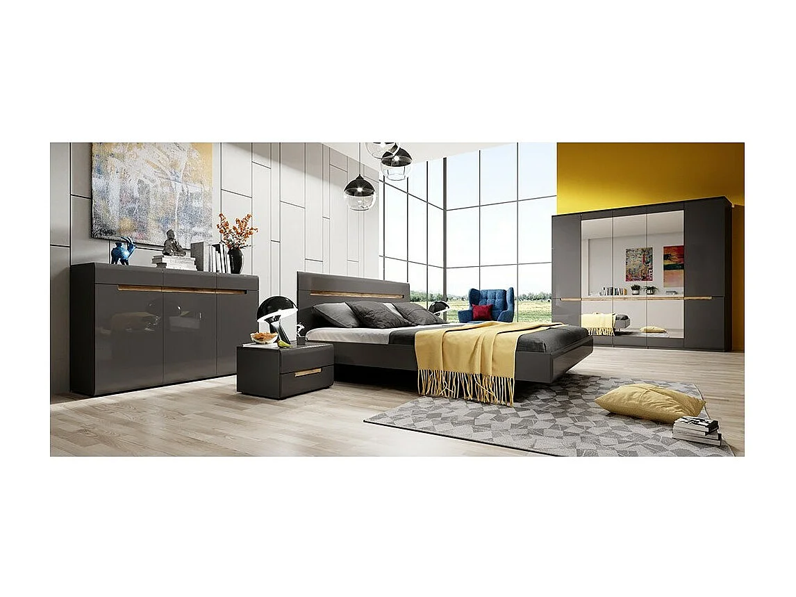 Design dressoir LUCIA, 3 deuren en 3 laden. Kleur in glanzend grijs en eiken.