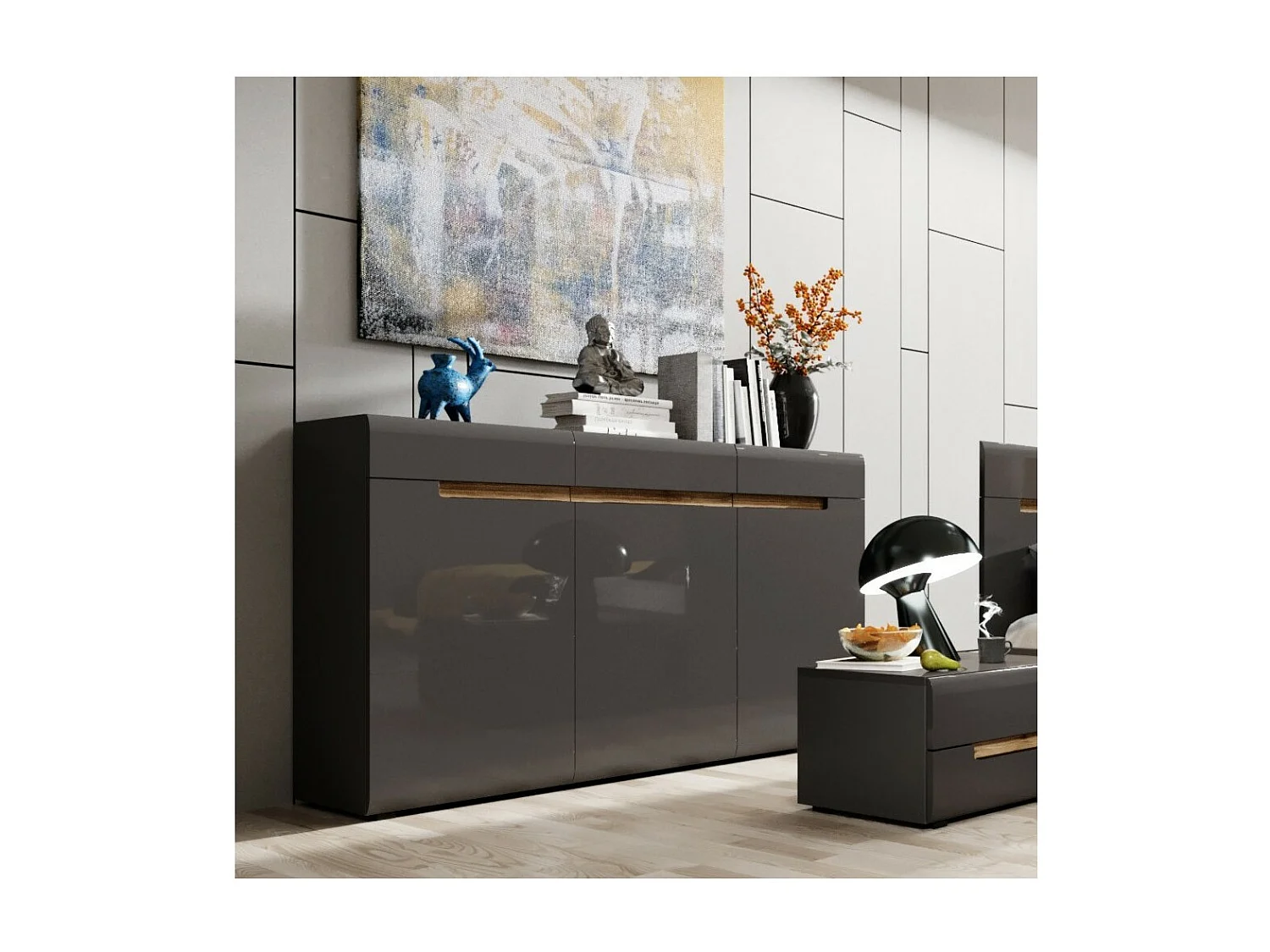 Design dressoir LUCIA, 3 deuren en 3 laden. Kleur in glanzend grijs en eiken.