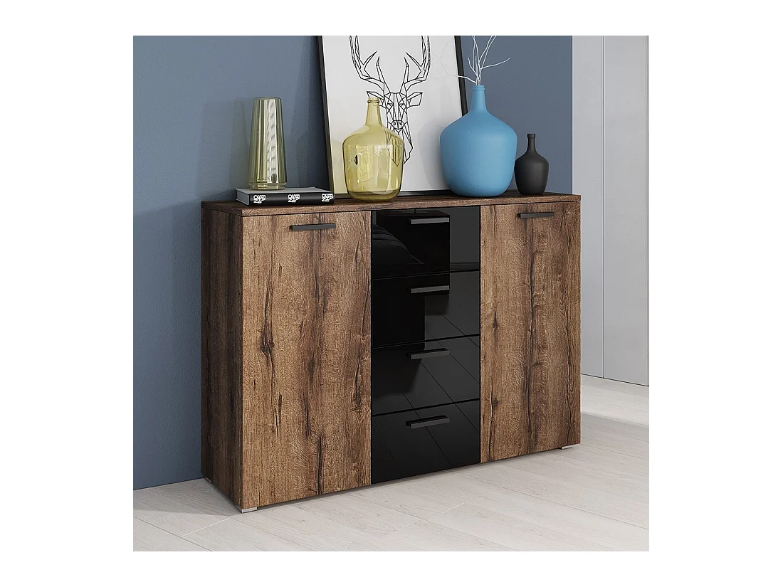 Commode design 2 portes et 4 tiroirs 130cm. Collection FLOYD coloris chêne foncé et noir brillant