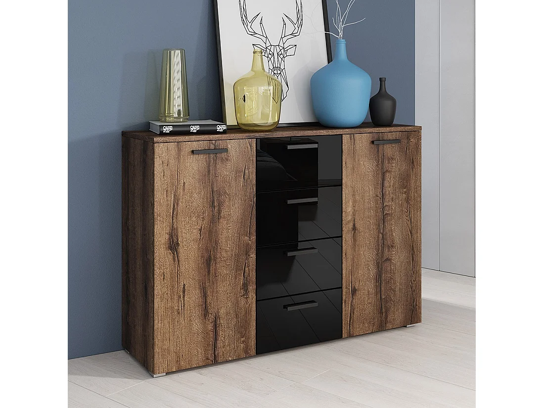 Design dressoir met 2 deuren en 4 laden 130cm. Collectie FLOYD in donkereiken en glanzend zwart.