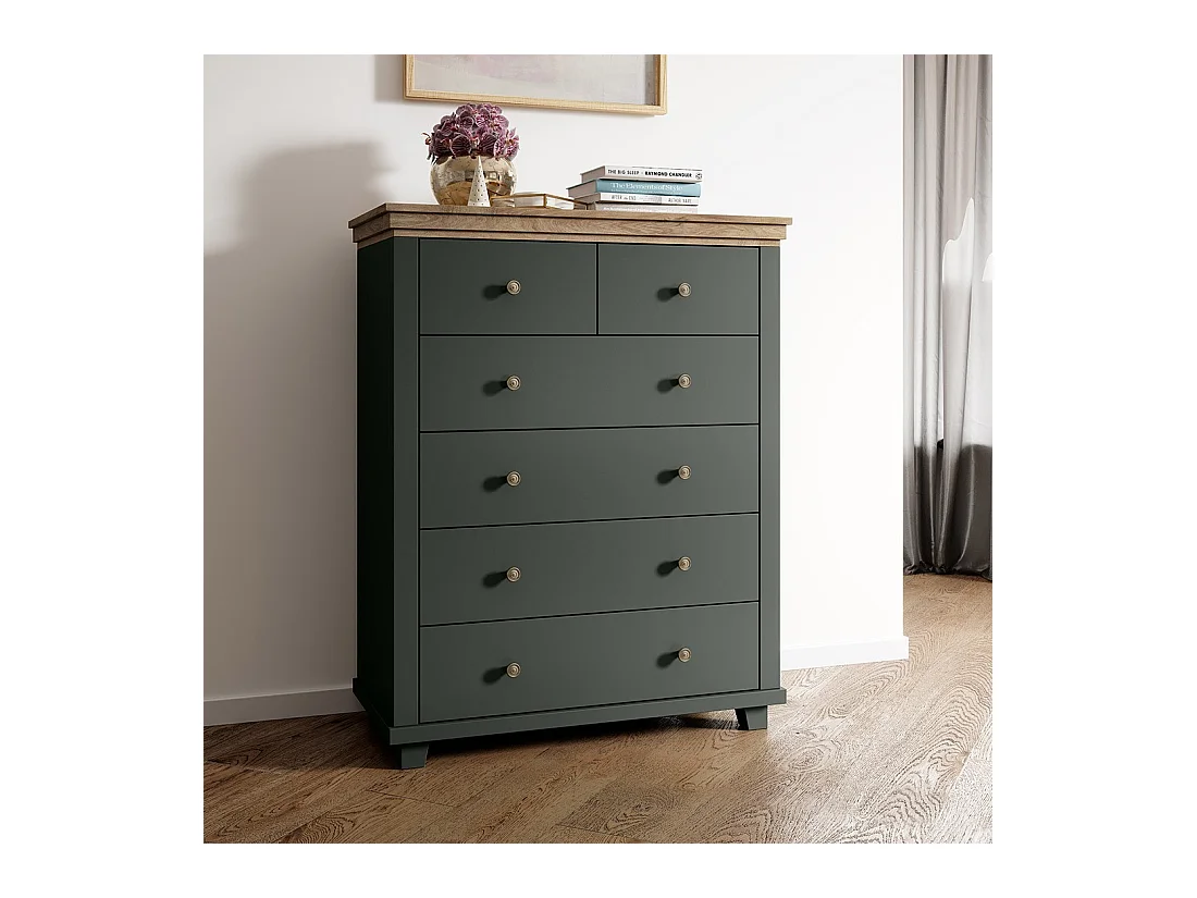 Commode XL design 6 tiroirs. Coloris vert kaki et chêne. Collection ASSIA