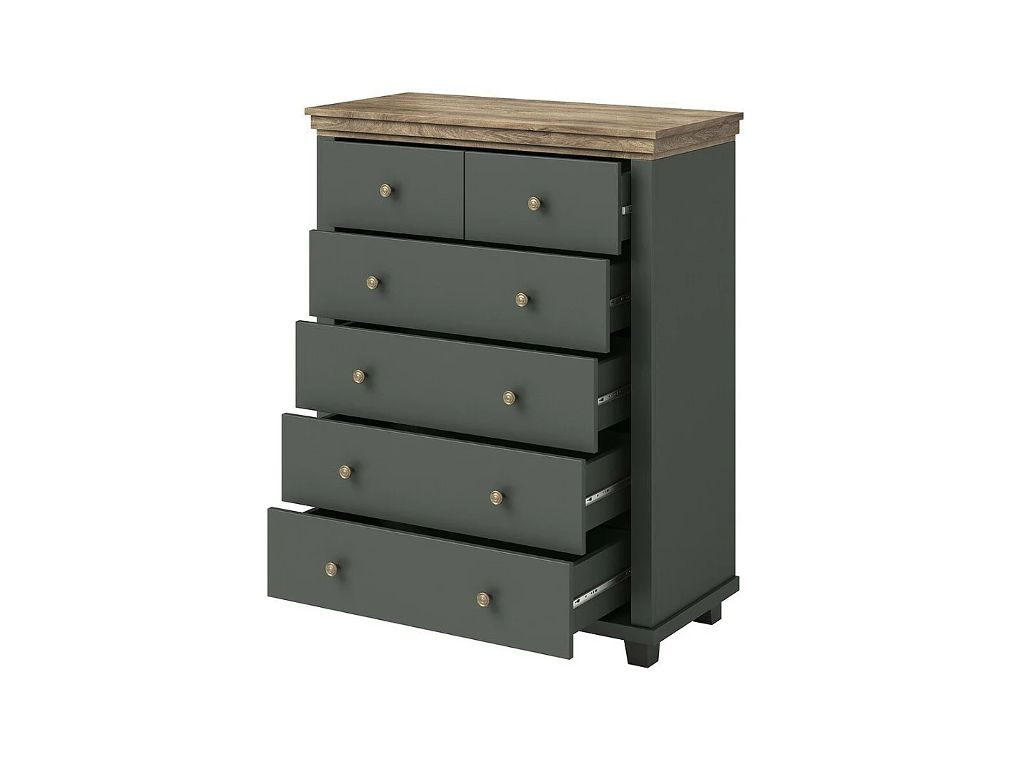 Commode XL design 6 tiroirs. Coloris vert kaki et chêne. Collection ASSIA