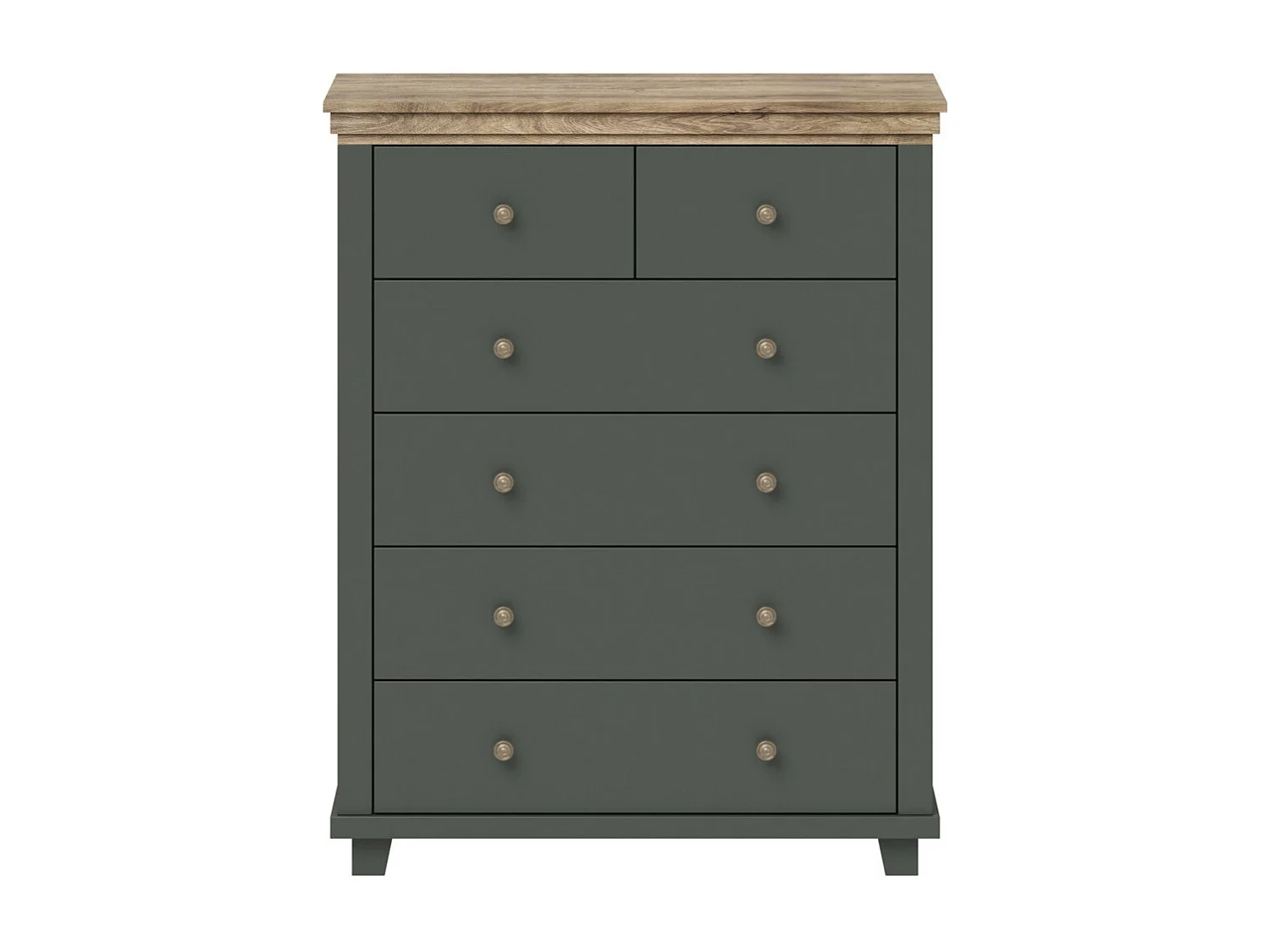 Commode XL design 6 tiroirs. Coloris vert kaki et chêne. Collection ASSIA