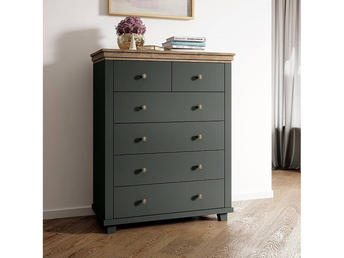 Commode XL design 6 tiroirs. Coloris vert kaki et chêne. Collection ASSIA