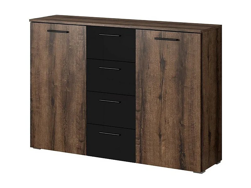 Designer-Kommode mit 2 Türen und 4 Schubladen 130cm. Kollektion EOS in dunkler Eichenfarbe und Schwarz.