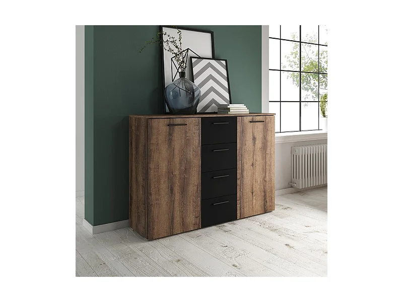 Commode design 2 portes et 4 tiroirs 130cm. Collection EOS coloris chêne foncé et noir