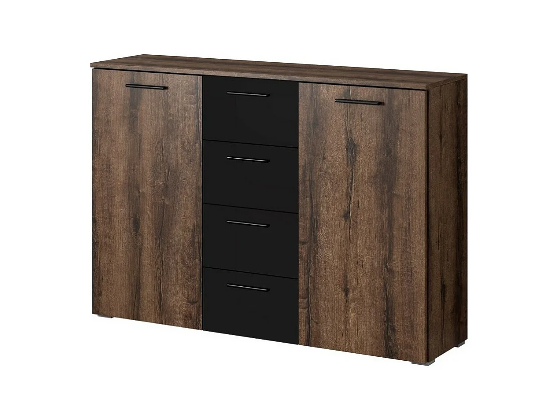 Commode design 2 portes et 4 tiroirs 130cm. Collection EOS coloris chêne foncé et noir