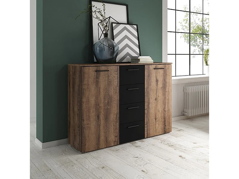 Commode design 2 portes et 4 tiroirs 130cm. Collection EOS coloris chêne foncé et noir